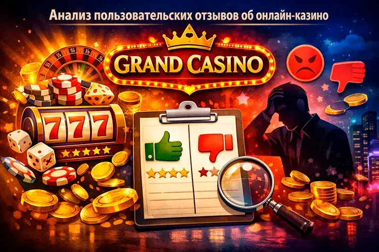 Коллаж с анализом положительных и отрицательных отзывов игроков о Гранд Казино