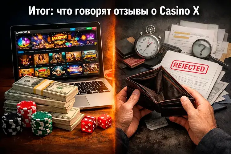 Контраст между выигрышем в интерфейсе Casino X и пустым кошельком игрока с отклоненной выплатой.