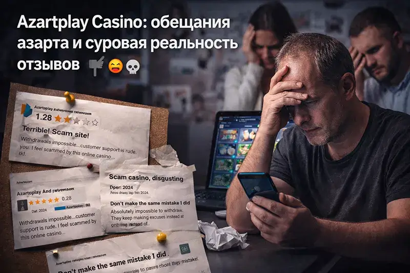 Игрок в отчаянии изучает негативные отзывы о мошенничестве в казино Азартплей