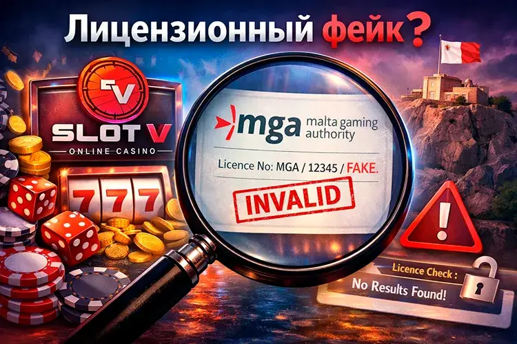 Проверка фейковой лицензии MGA через лупу с пометкой INVALID в казино Slot V